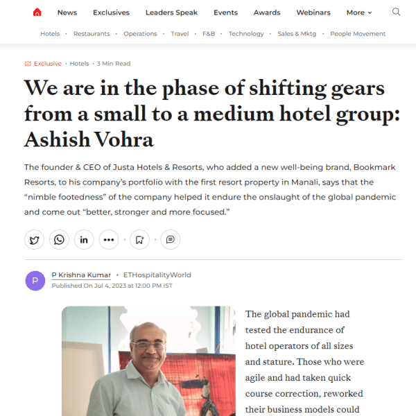 Mr Ashish Vohra CEO and founder of jüSTa Hotels Resorts featured in ET Hospitality World