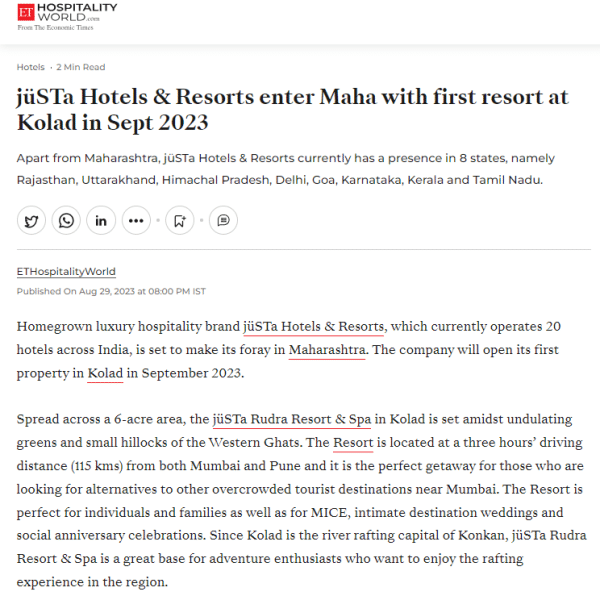 jüSTa Hotels Resorts First Resort in Maharashtra is Now Open in Kolad Featured in ET Hospitality World