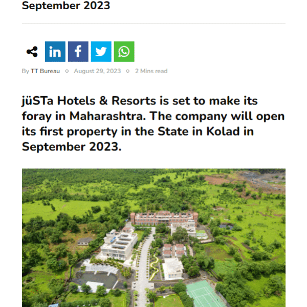 jüSTa Hotels Resorts First Resort in Maharashtra is Now Open in Kolad Featured in Todaystraveller