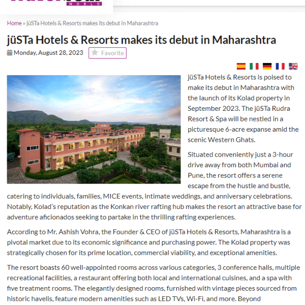 jüSTa Hotels Resorts First Resort in Maharashtra is Now Open in Kolad Featured in Travelandtourworld