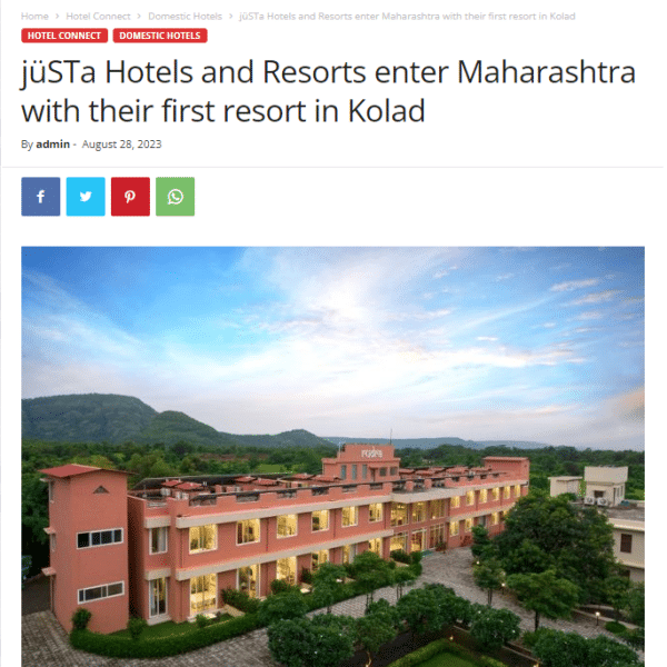 jüSTa Hotels Resorts First Resort in Maharashtra is Now Open in Kolad Featured in Traveltradejournal