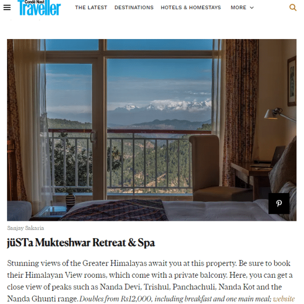 jüSTa Mukteshwar Retreat Spa is featured as one of Indias best mountain view hotels by Condé Nast Traveller