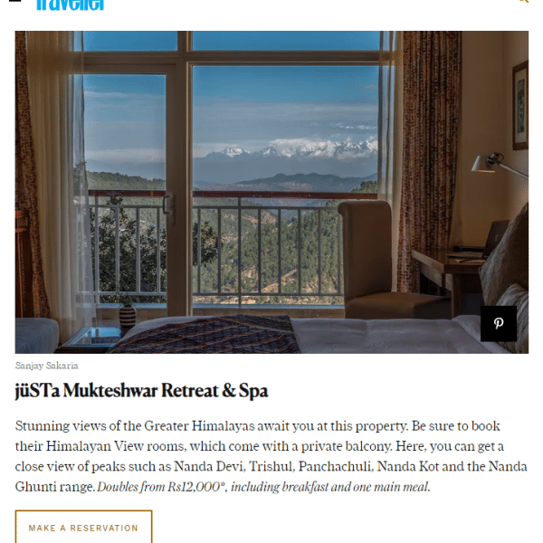 jüSTa Mukteshwar Retreat Spa is featured as one of Indias best mountain view hotels by Condé Nast Traveller April 2024