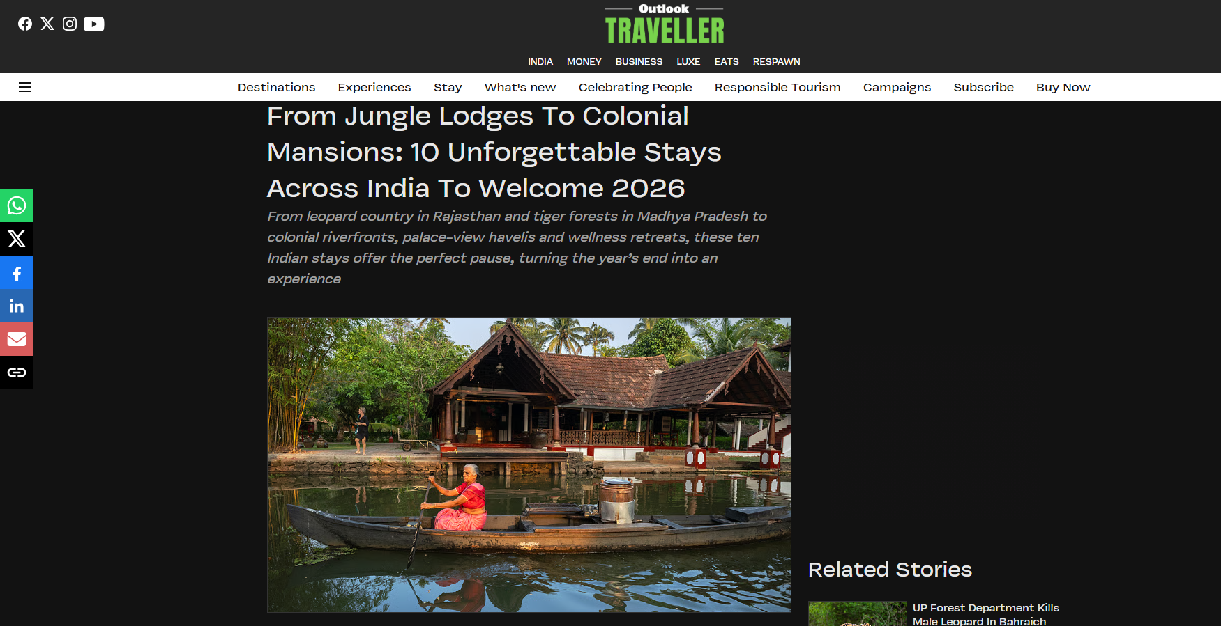 Outlook Traveller Features jüSTa Rasa, Rishikesh & Bookmark Resorts, Manali, as the Top 10 Unforgettable Stays in India to Welcome 2026.