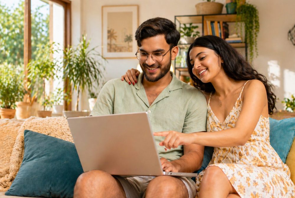 Couple sitting on a couch with a laptop, smiling at the screen in a bright plant-filled living room.