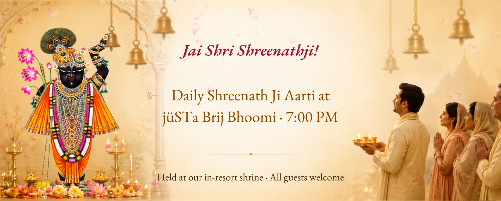 Banner inviting to Shreenathji Aarti: a decorated Krishna idol on the left and worshippers on the right, with timing text in the center.