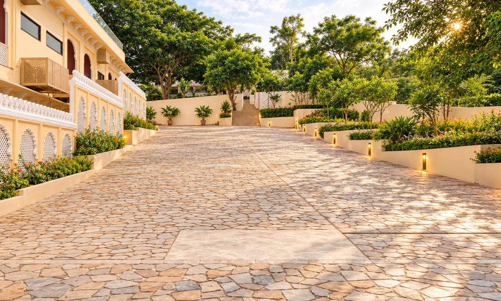 Sunlit stone walkway flanked by a yellow building on the left and terraced gardens on the right with trees overhead.