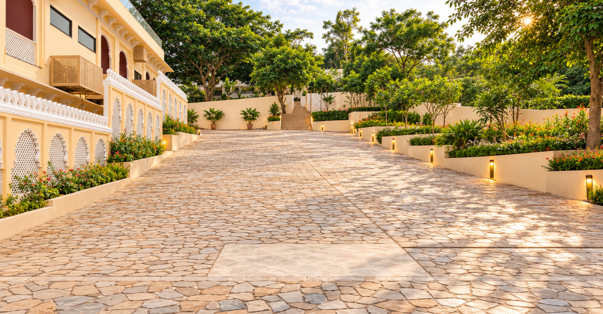 Sunlit resort courtyard with a stone path, a yellow building on the left, and tiered gardens on the right.