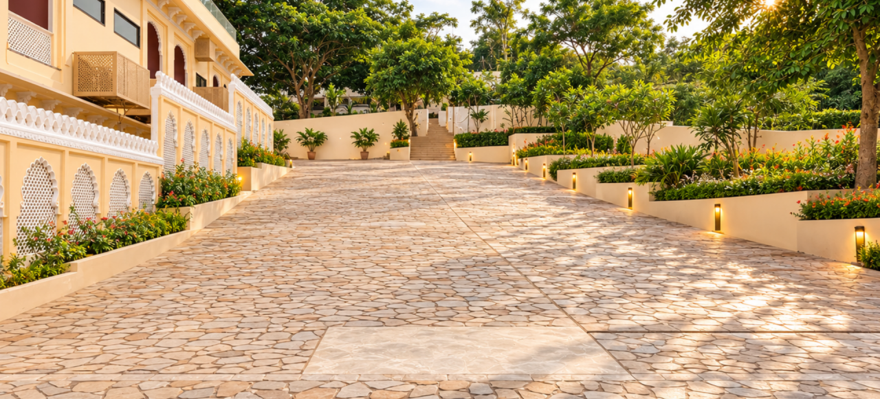 Sunlit resort courtyard with a wide stone path, terraced gardens, and a yellow building with arches on the left.