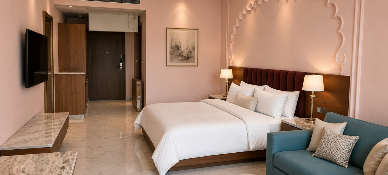 Hotel room with a king bed, white linens, marble surfaces, and a teal sofa in a pink-walled suite.