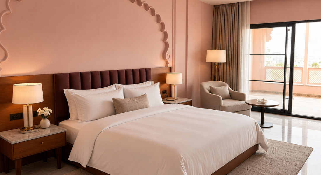 jüSTa Luxé – Monsoon Palace, Udaipur Luxurious hotel room featuring a large bed with white linens, pink headboard, two nightstands with lamps, and a seating area by a balcony door.