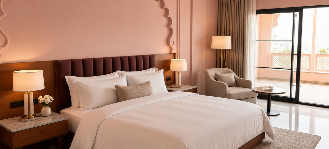 Hotel bedroom with a large white bed, pink walls, tufted headboard, and balcony doors to an outdoor view.