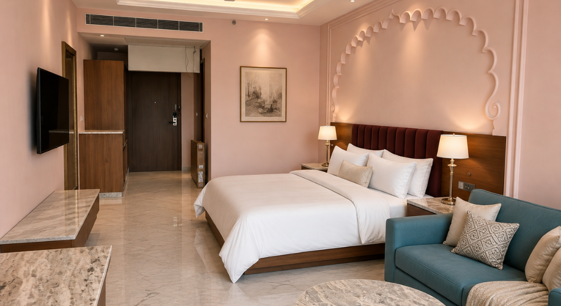 jüSTa Luxé – Monsoon Palace, Udaipur Hotel room with a large white bed, pink walls, decorative arch behind the headboard, and two bedside lamps at nightstands.