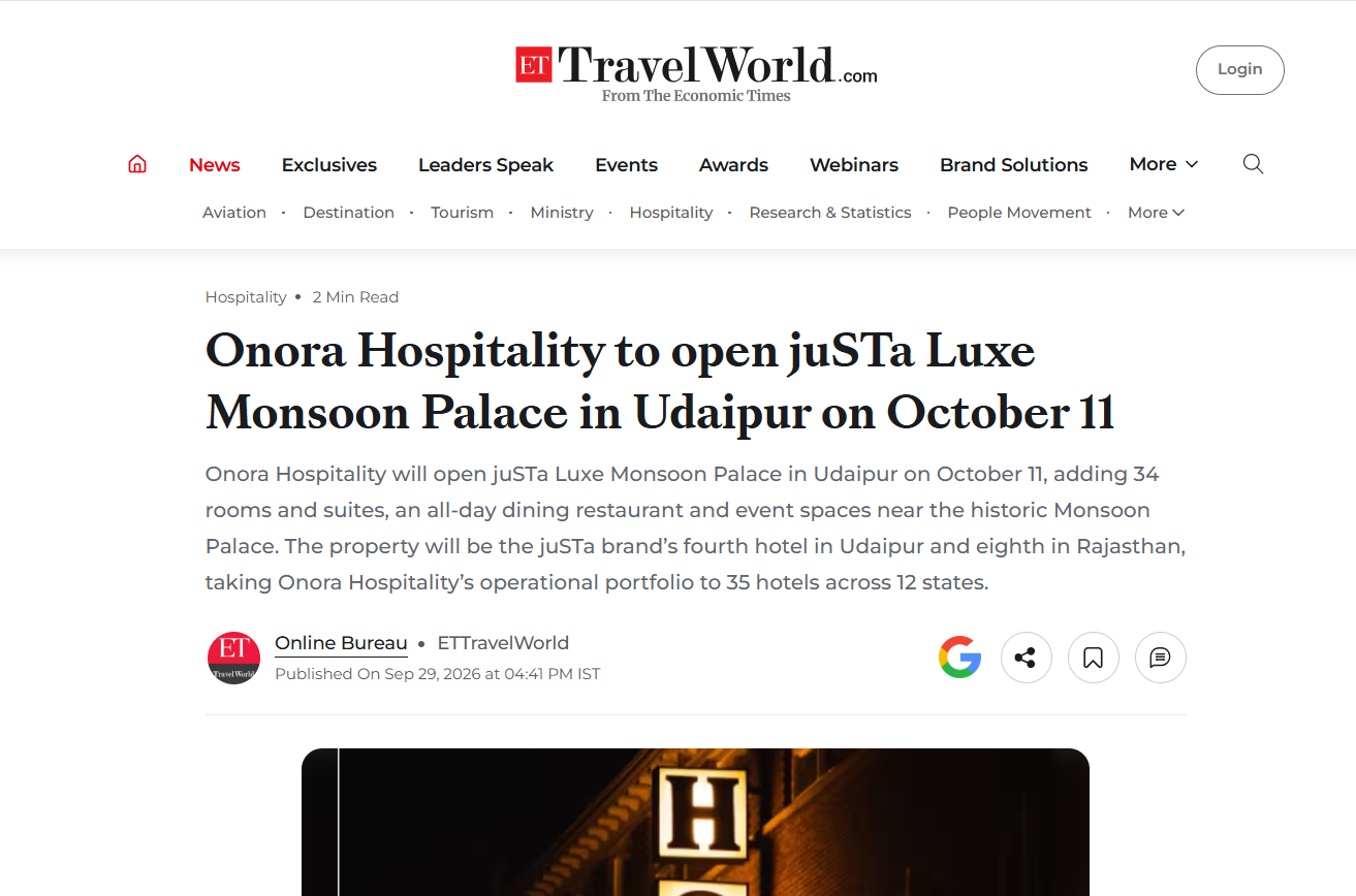 ET HospitalityWorld Featured Onora Hospitality to open jüSTa Luxé Monsoon Palace in Udaipur on October 11