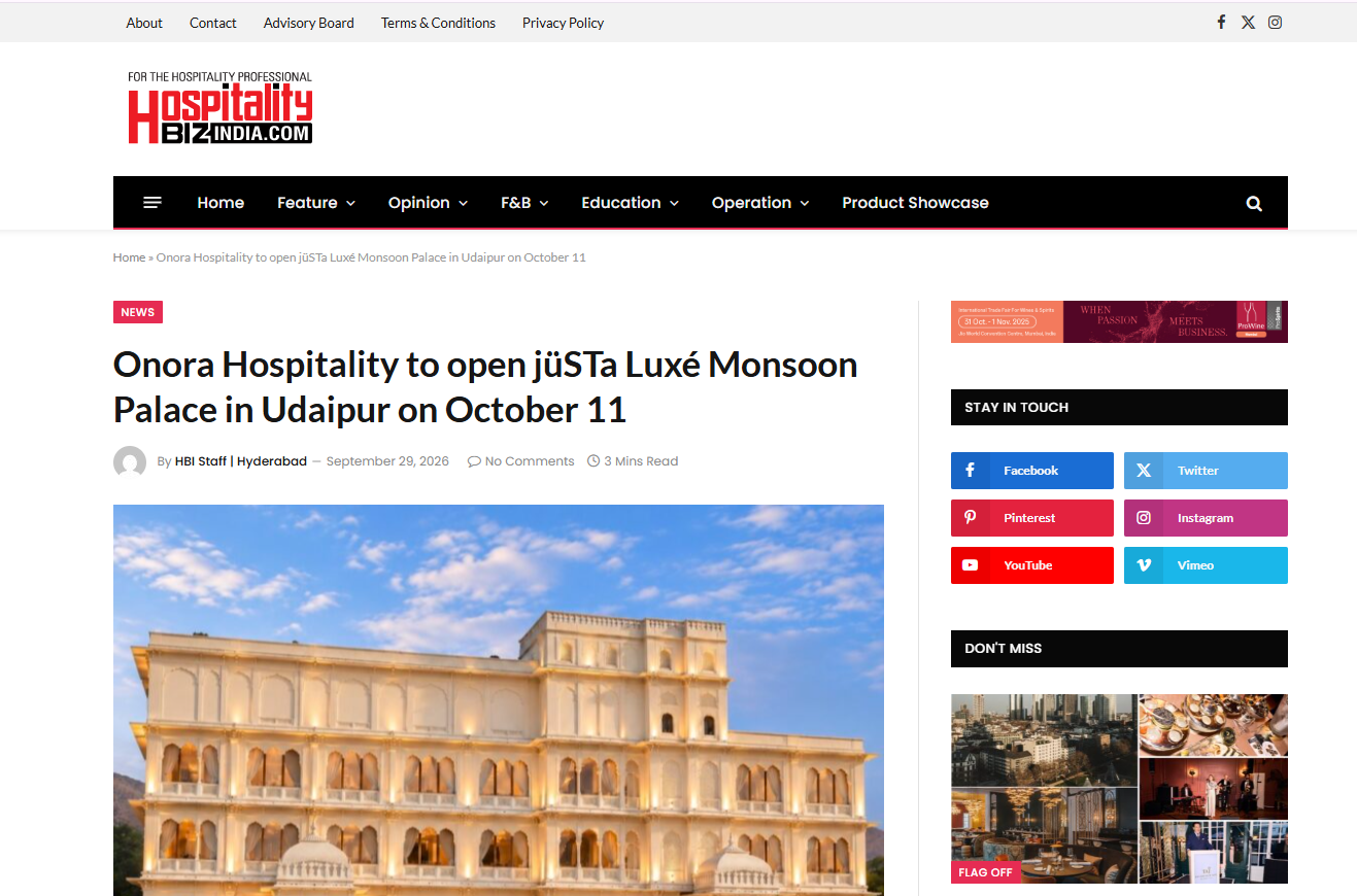Hospitality Biz India Featured Onora Hospitality’s Upcoming jüSTa Luxé Monsoon Palace in Udaipur Hospitality Biz India Featured Onora Hospitality’s Upcoming jüSTa Luxé Monsoon Palace in Udaipur
