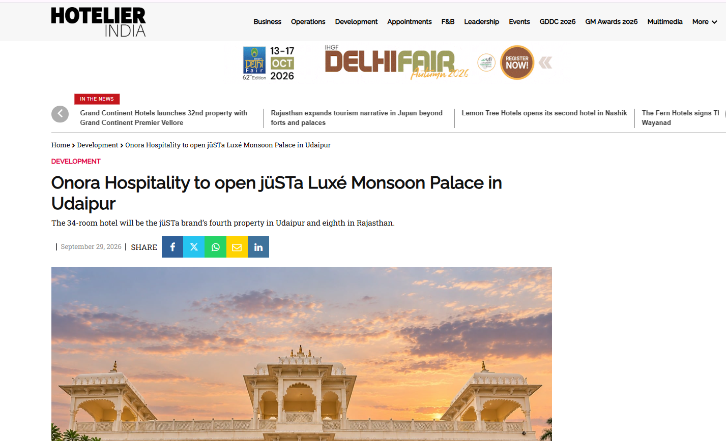 Hotelier India Featured: Onora Hospitality to open jüSTa Luxé Monsoon Palace in Udaipur Hotelier India Featured: Onora Hospitality to open jüSTa Luxé Monsoon Palace in Udaipur