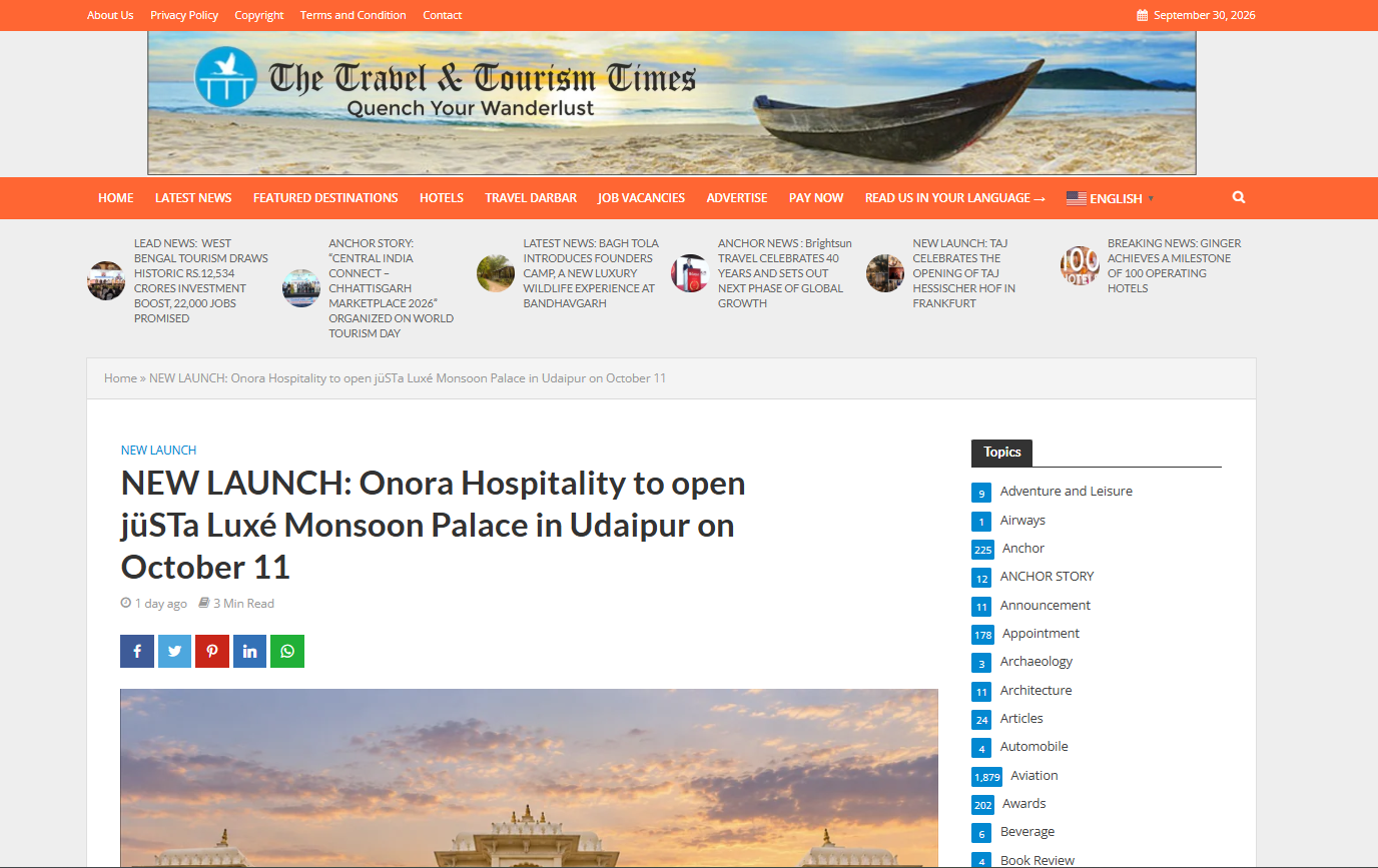 The Travel and Tourism Times Featured: Onora Hospitality to open jüSTa Luxé Monsoon Palace in Udaipur The Travel and Tourism Times Featured: Onora Hospitality to open jüSTa Luxé Monsoon Palace in Udaipur