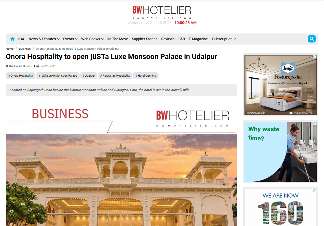 BW Hotelier Featured: Onora Hospitality to open jüSTa Luxé Monsoon Palace in Udaipur BW Hotelier Featured: Onora Hospitality to open jüSTa Luxé Monsoon Palace in Udaipur