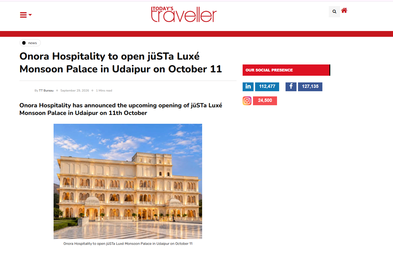Today’s Traveller Featured: Onora Hospitality to open jüSTa Luxé Monsoon Palace in Udaipur Monsoon Palace in Udaipur, a grand white sandstone building with arches lit at dusk.