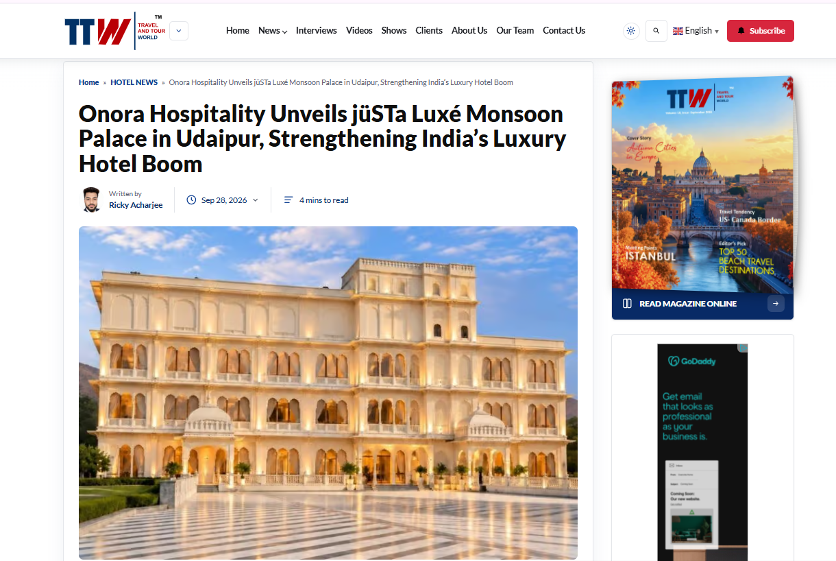Travel And Tour World Featured: Onora Hospitality to open jüSTa Luxé Monsoon Palace in Udaipur