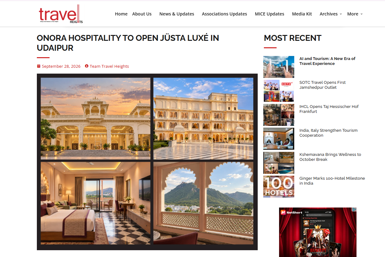 Travel Heights Featured: Onora Hospitality to open jüSTa Luxé Monsoon Palace in Udaipur Travel Heights Featured: Onora Hospitality to open jüSTa Luxé Monsoon Palace in Udaipur