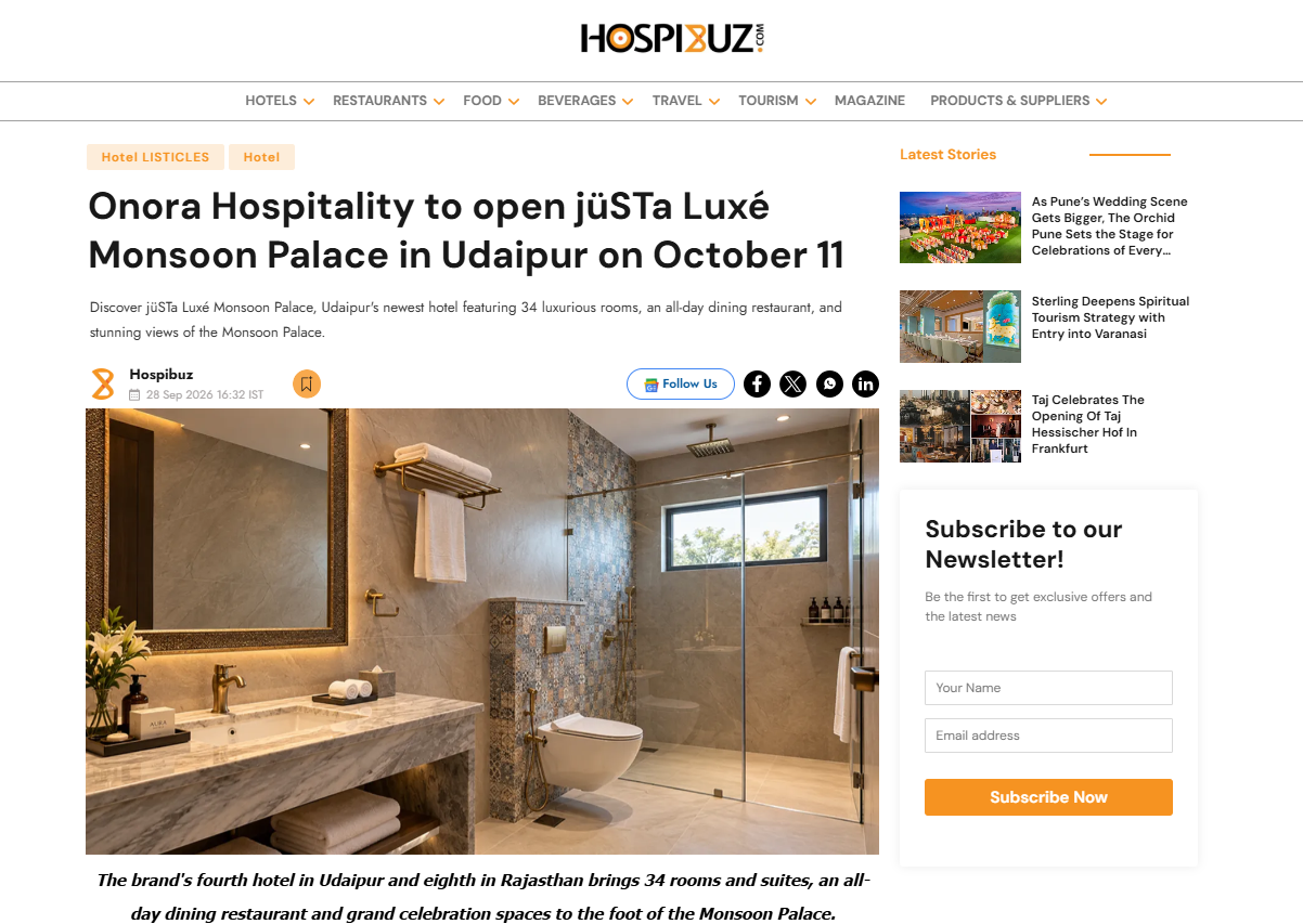 – Travel Trends Today Featured: Onora Hospitality to open jüSTa Luxé Monsoon Palace in Udaipur - Travel Trends Today Featured: Onora Hospitality to open jüSTa Luxé Monsoon Palace in Udaipur