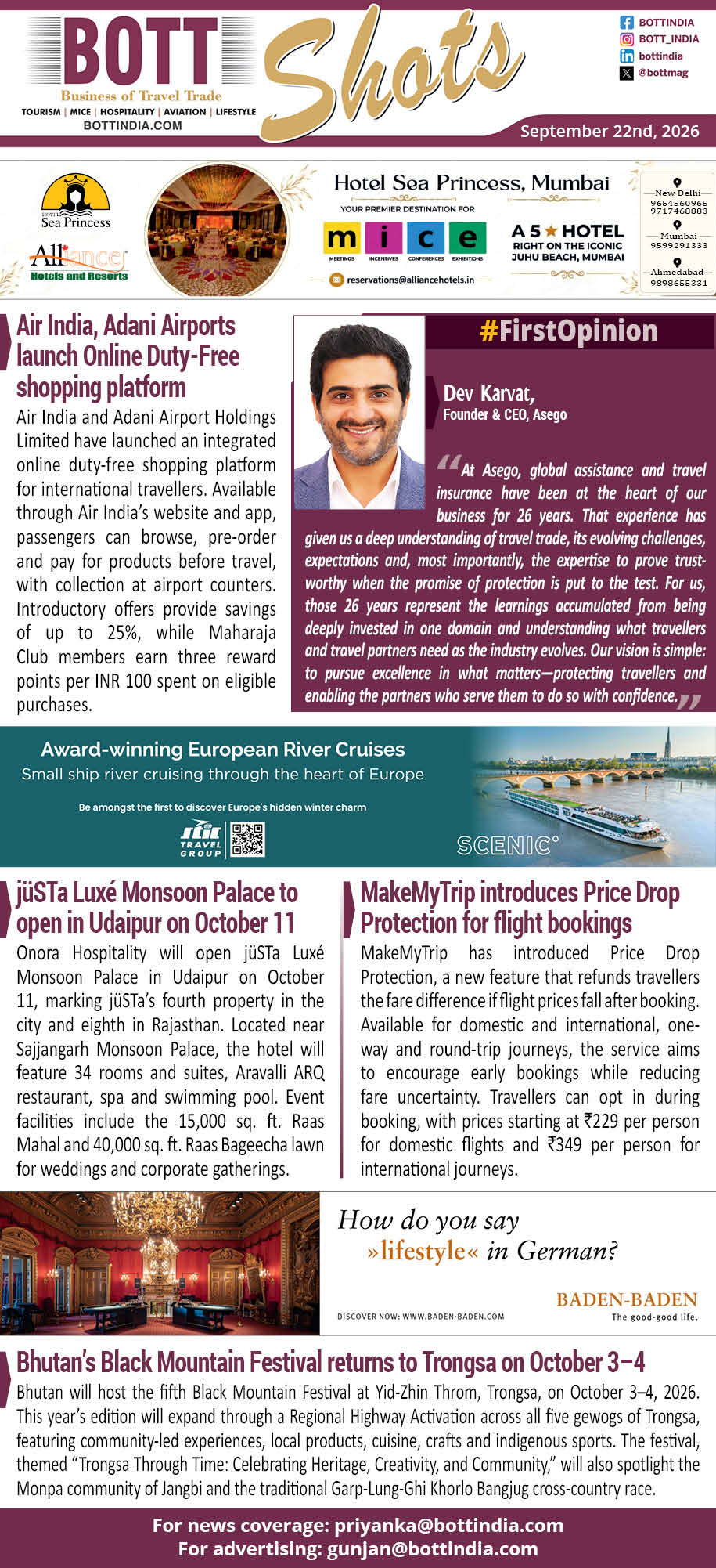 Front page of Bott India Shots, Sept 22, 2026, with header, ads, and two feature blocks: Air India–Adani online duty-free platform and #FirstOpinion interview.
