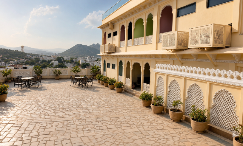 Terrace of a yellow building with arched windows and decorative lattice panels, potted plants, and outdoor tables overlooking a town and hills.