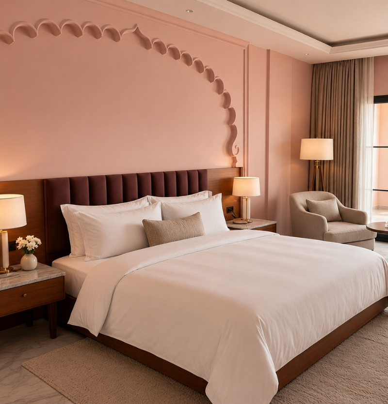 Hotel bedroom with a large white bed, tufted burgundy headboard, and pink walls with decorative molding.