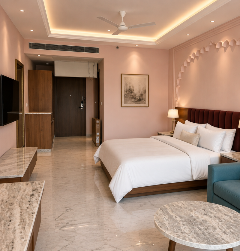 Hotel room with pink walls, white bed, and marble floors; teal sofa, round marble table, and bedside lamps create a luxurious setting.