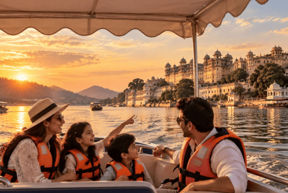 Tourists wearing orange life jackets on a boat at sunset, with a grand white palace along the lakeshore in the distance.