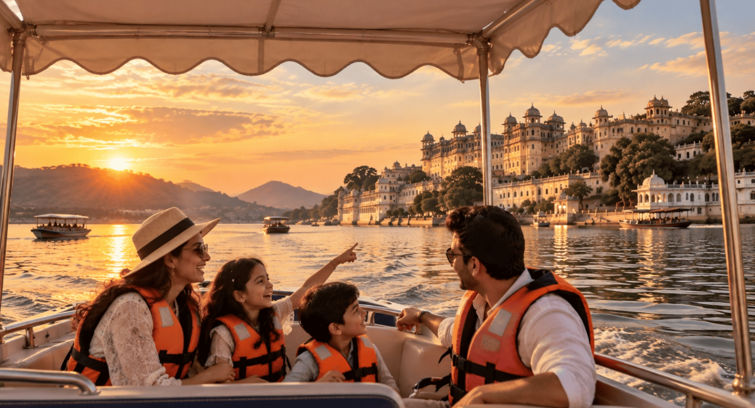 Tourists wearing orange life jackets on a boat at sunset, with a grand white palace along the lakeshore in the distance.