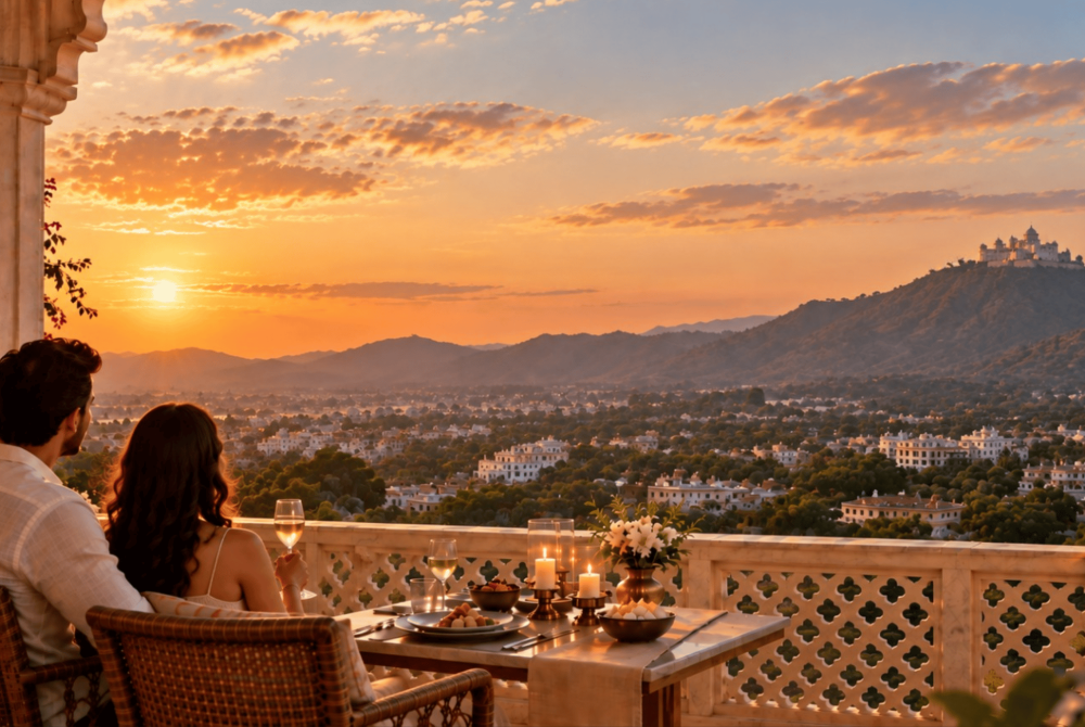 Couple seated at a candlelit terrace table at sunset, overlooking a town and a hilltop fortress in the distance.