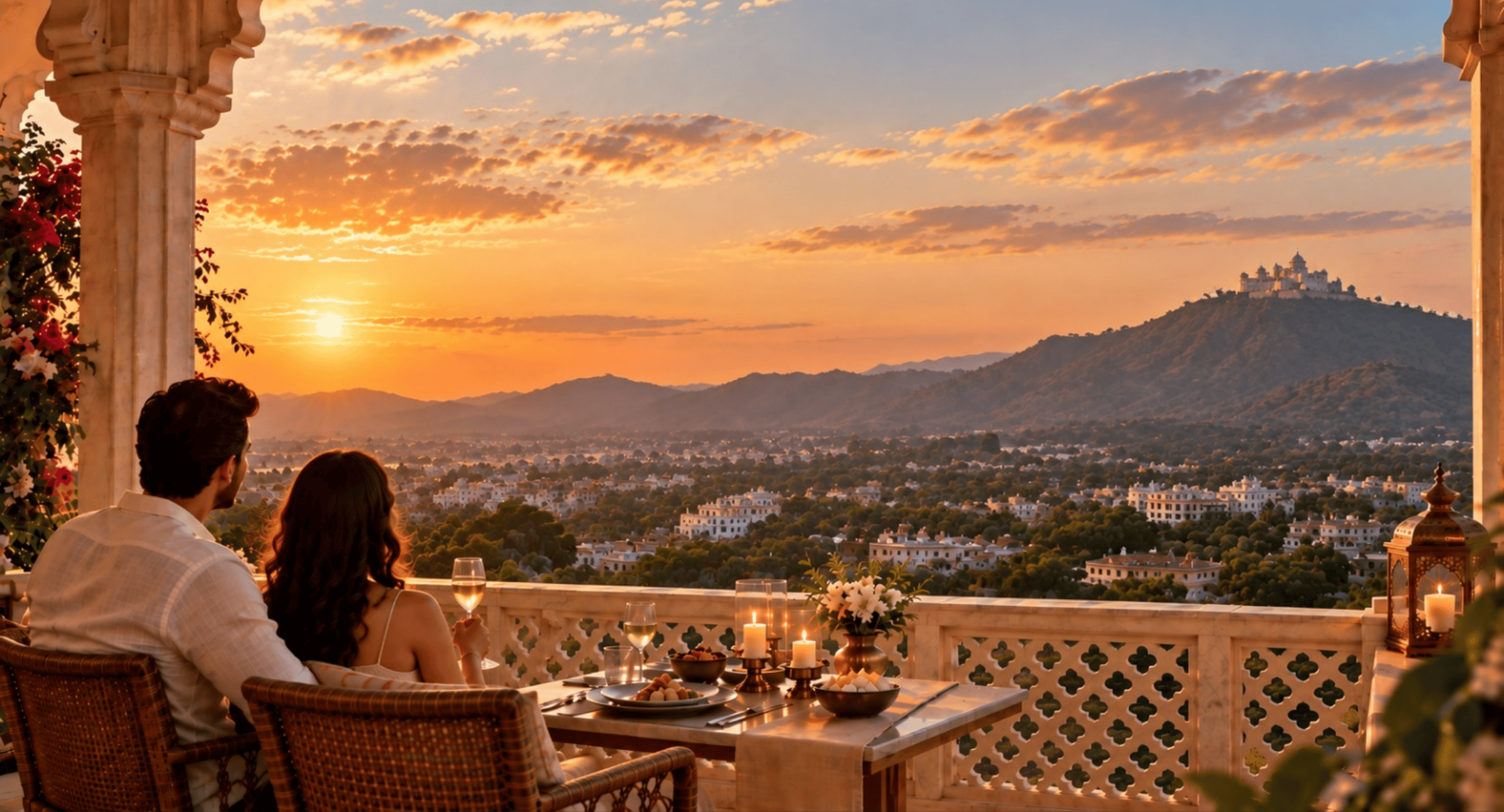 Couple seated at a candlelit terrace table at sunset, overlooking a town and a hilltop fortress in the distance.