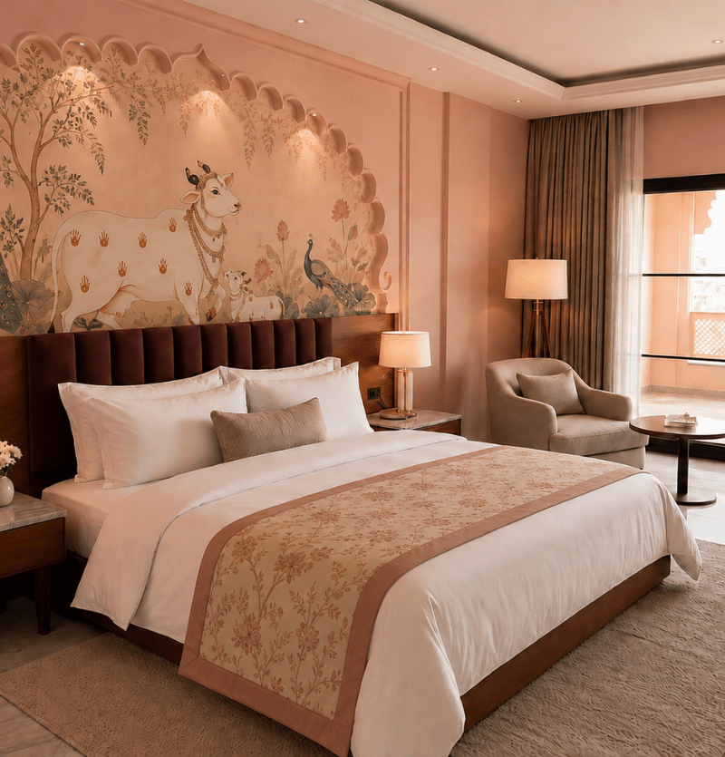Hotel bedroom with a king bed, beige-gold bedding, and a mural of cows and a peacock on the headboard wall.
