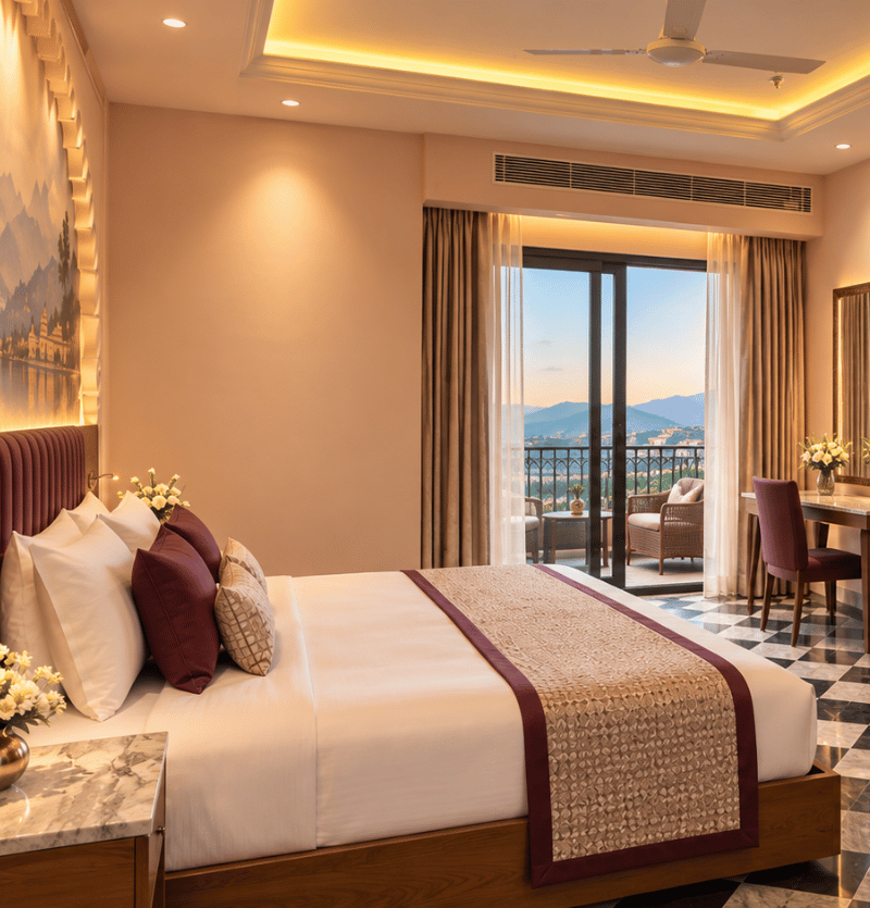 Hotel room with a large bed, decorative pillows, and a marble nightstand, facing a balcony with a scenic mountain view at sunset/afternoon light.