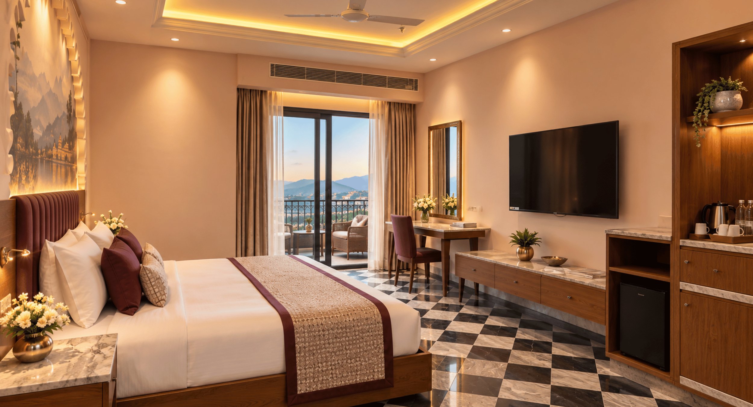 Luxurious hotel room with a king bed, warm lighting, and balcony doors opening to mountain views.