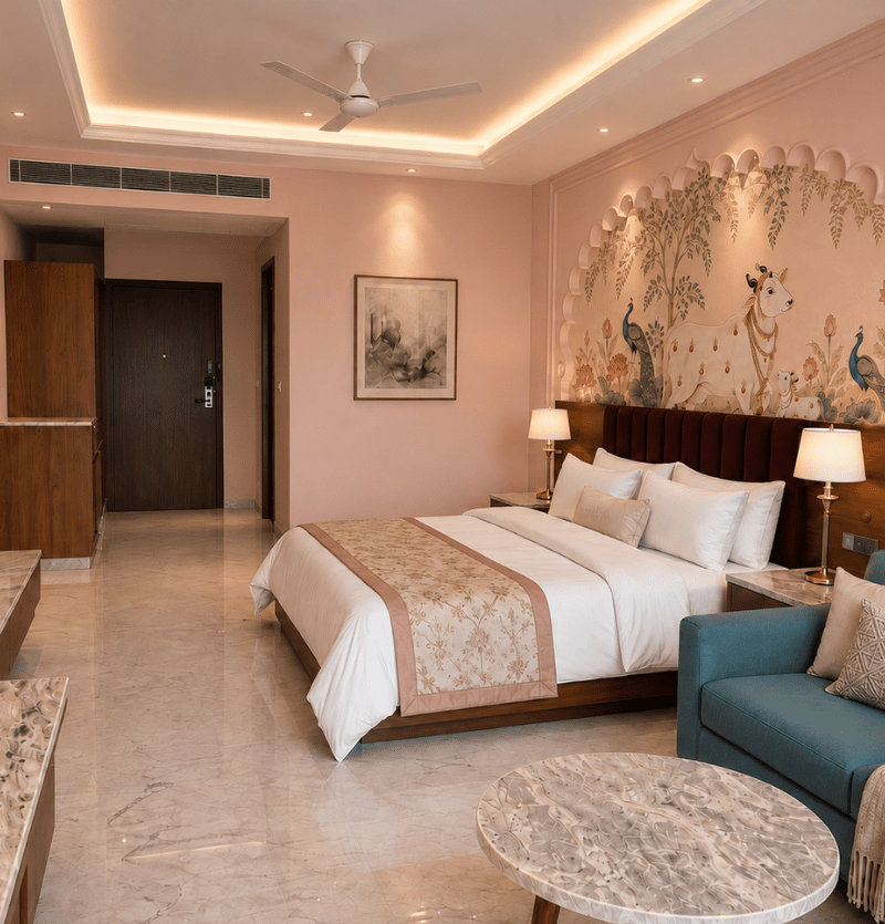 Hotel room with a king bed, decorative animal mural on the headboard wall, and a teal seating area nearby.