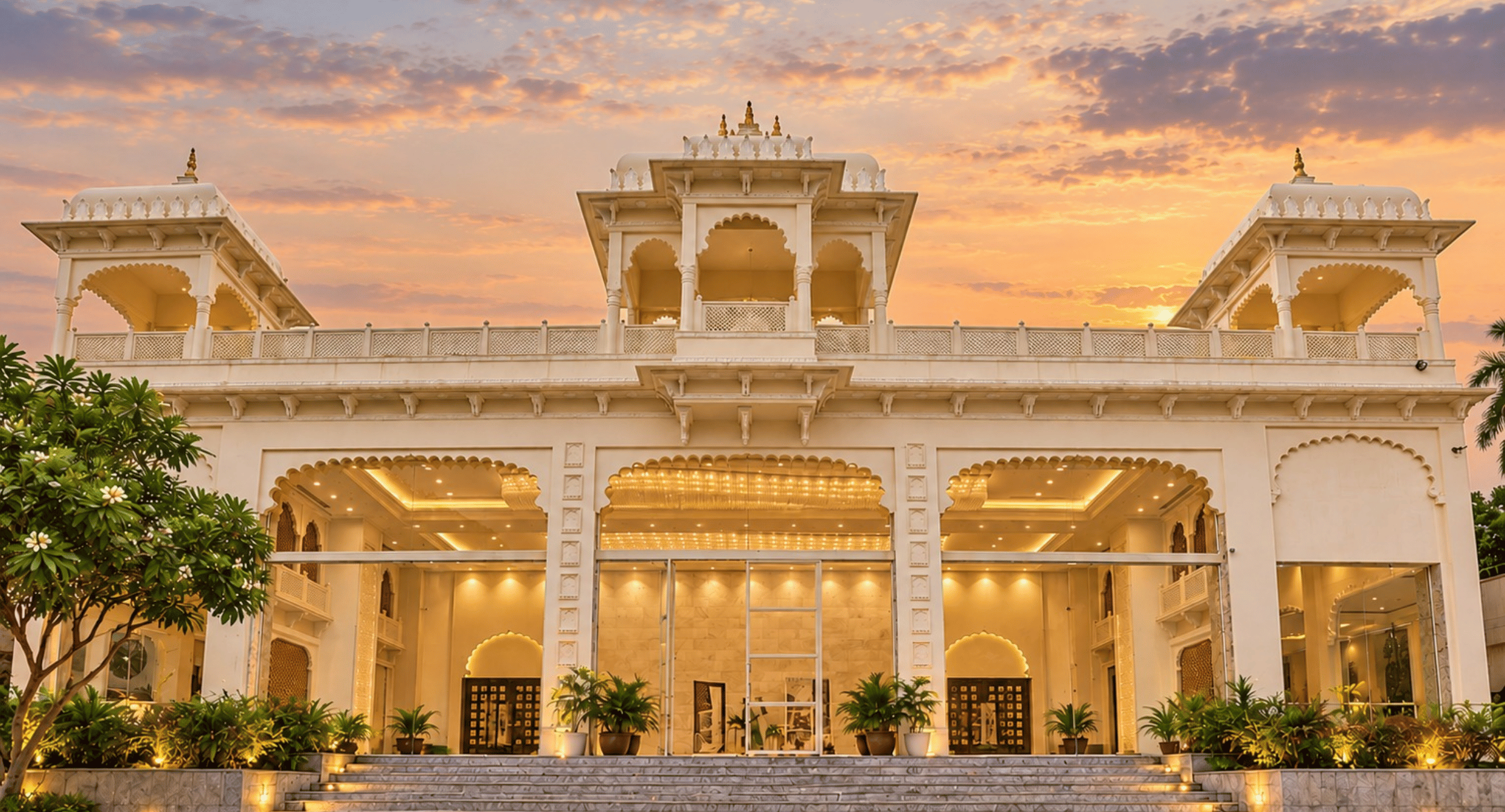 White ornate building with arched openings and balconies at sunset, surrounded by plants and steps leading to the entrance.