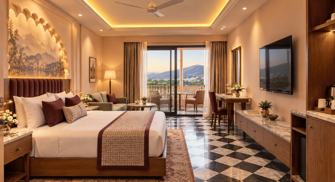 Monsoon 3 Luxurious hotel room with a king bed, plush headboard, and balcony with a mountain view.
