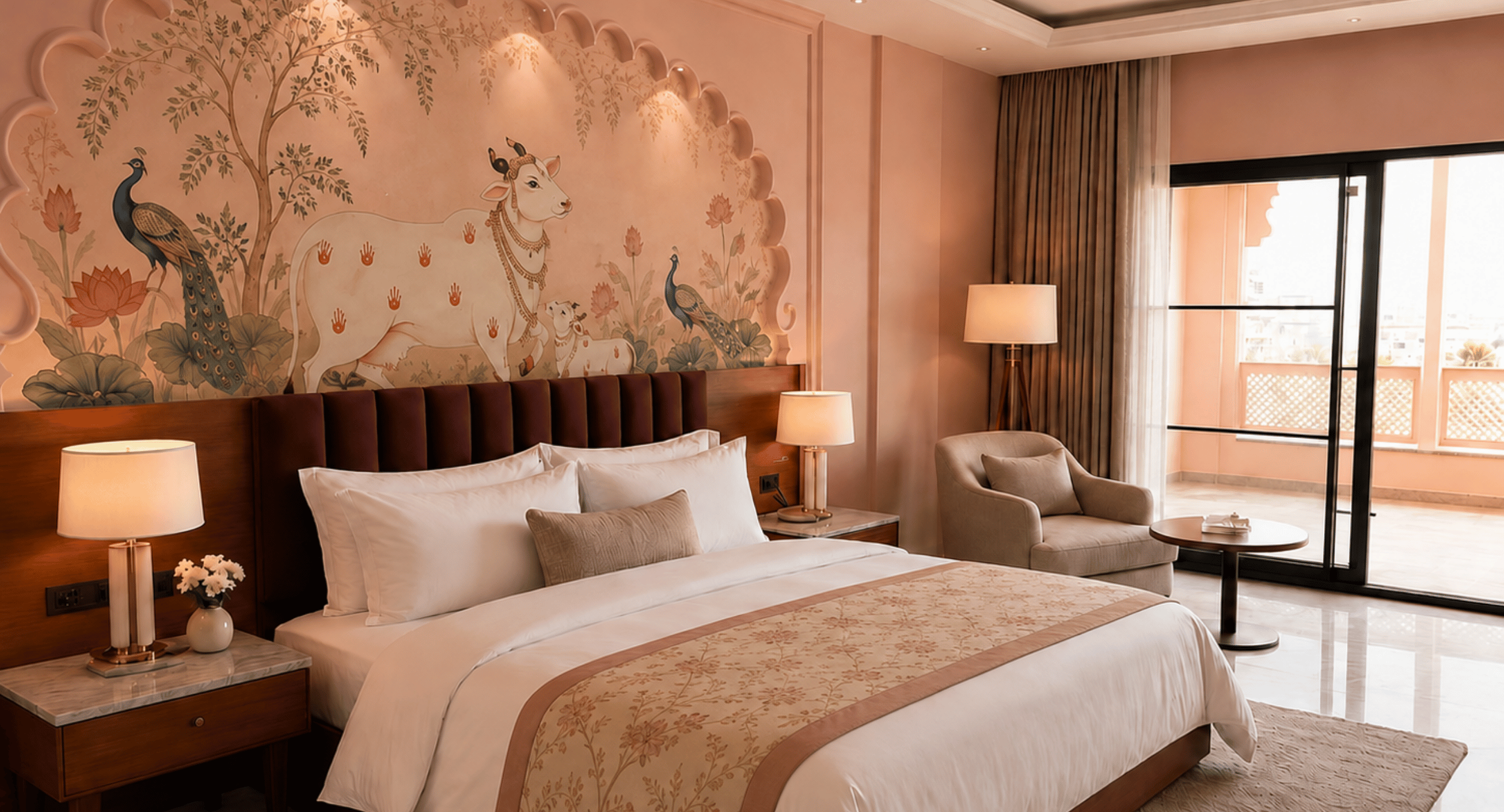 Hotel room with a decorative mural of a cow and peacocks behind the bed, beige bedding, and a seating area by a window.