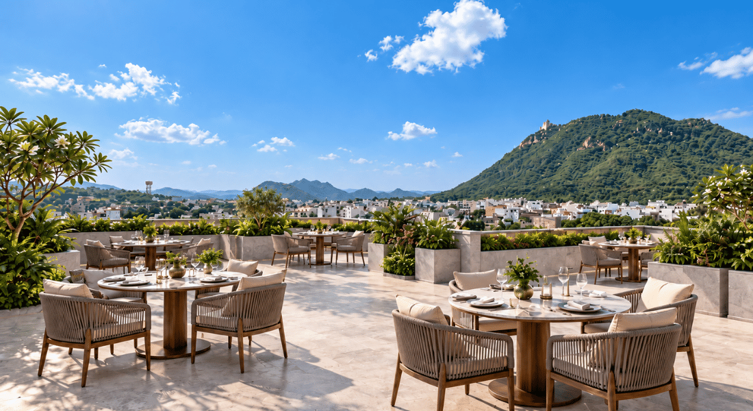 Monsoon 4 Outdoor rooftop dining terrace with round tables, beige cushioned chairs, and elegant place settings against a backdrop of hills and a blue sky.