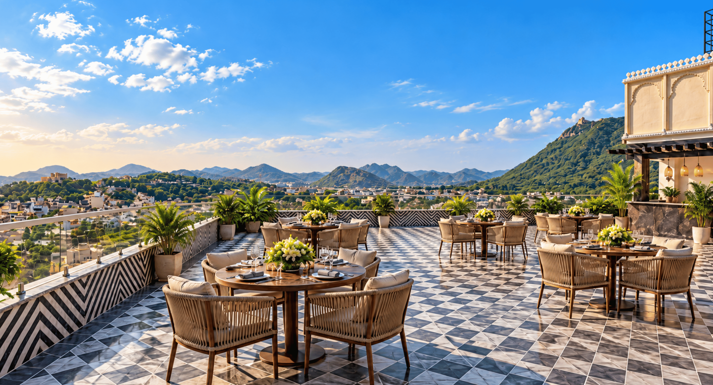 Rooftop dining area with round tables and wicker chairs, checkered tile floor, potted plants, overlooking a valley and mountains under a blue sky.
