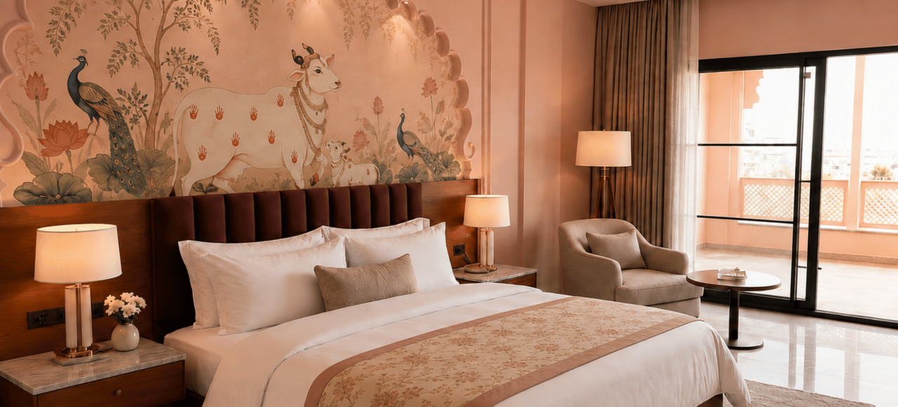 Luxurious hotel bedroom with a king-size bed and an ornate mural of cows and peacocks above the headboard.