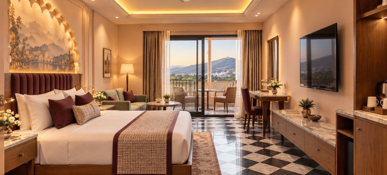 Luxurious hotel bedroom with a king bed, plush headboard, and balcony overlooking distant hills at sunset.