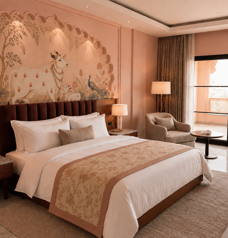 King bed in a warmly lit hotel room with a tufted headboard, floral mural of cows and a peacock, and a seating area by the window.