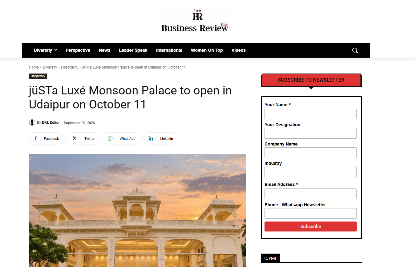 Business Review Live Featured jüSTa Luxé Monsoon Palace to Open in Udaipur