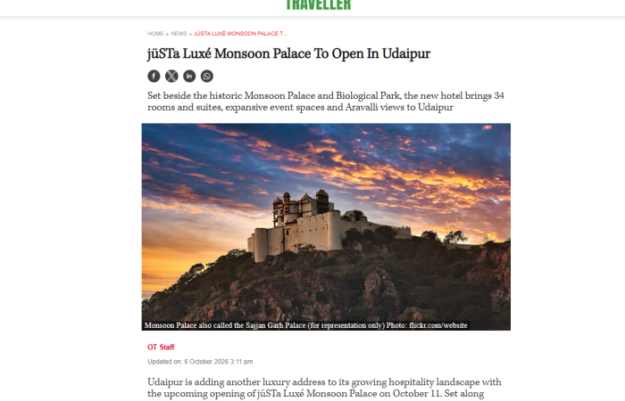 Outlook Traveller Featured jüSTa Luxé Monsoon Palace to Open in Udaipur Outlook Traveller Featured jüSTa Luxé Monsoon Palace to Open in Udaipur
